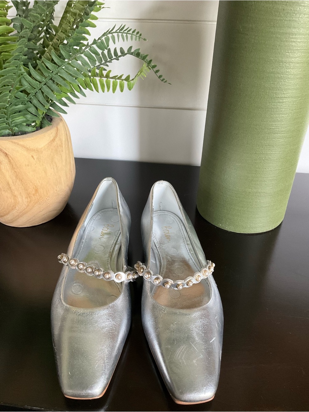 Boden Silver Pearl-Strap Mary Jane Flats